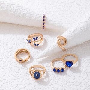 *HADLEE* 7-Pc Gold x Blue Fashion Ring Set